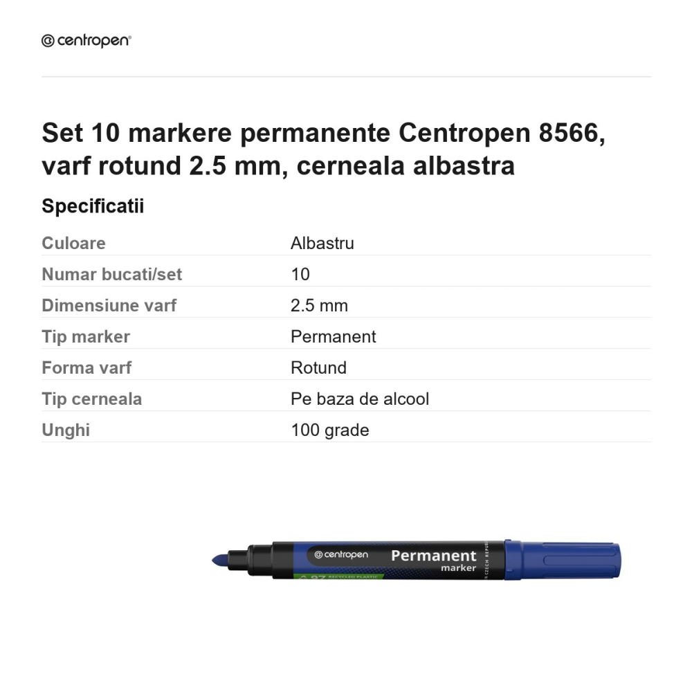 Set 10 markere permanente Centropen 8566, varf rotund 2.5 mm, cerneala albastra [3]