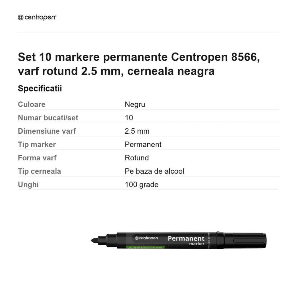 Set 10 markere permanente Centropen 8566, varf rotund 2.5 mm, cerneala neagra [3]