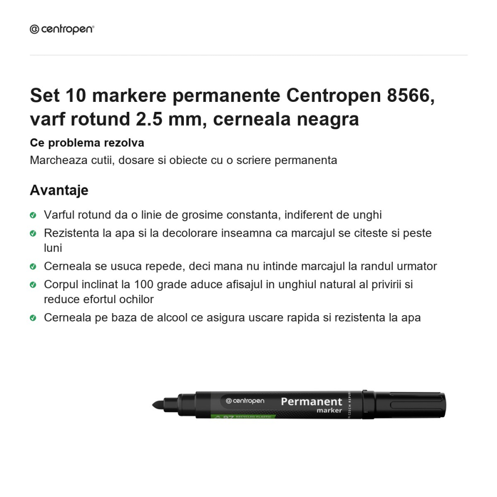 Set 10 markere permanente Centropen 8566, varf rotund 2.5 mm, cerneala neagra [2]