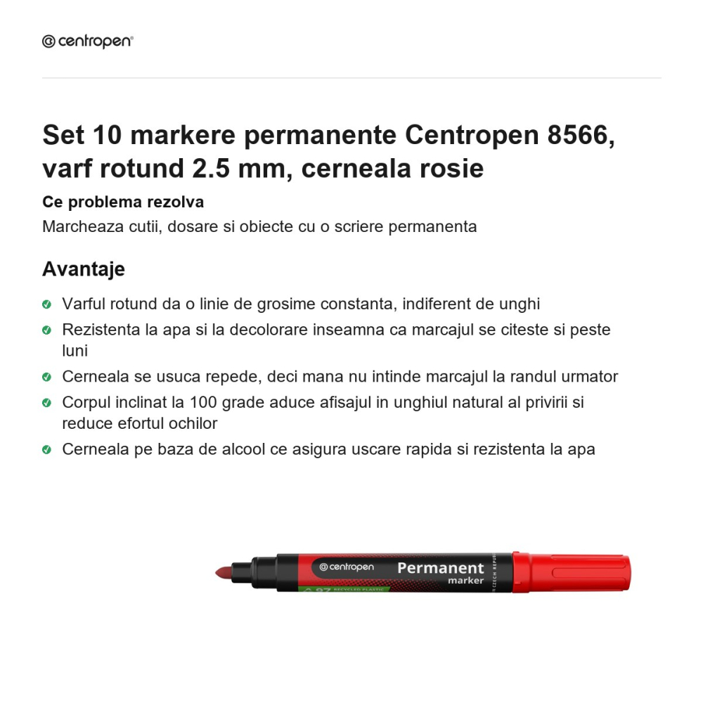 Set 10 markere permanente Centropen 8566, varf rotund 2.5 mm, cerneala rosie [2]