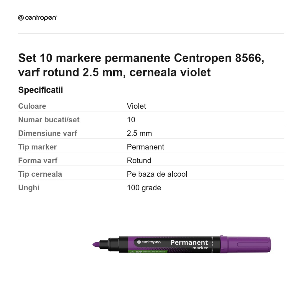 Set 10 markere permanente Centropen 8566, varf rotund 2.5 mm, cerneala violet [3]