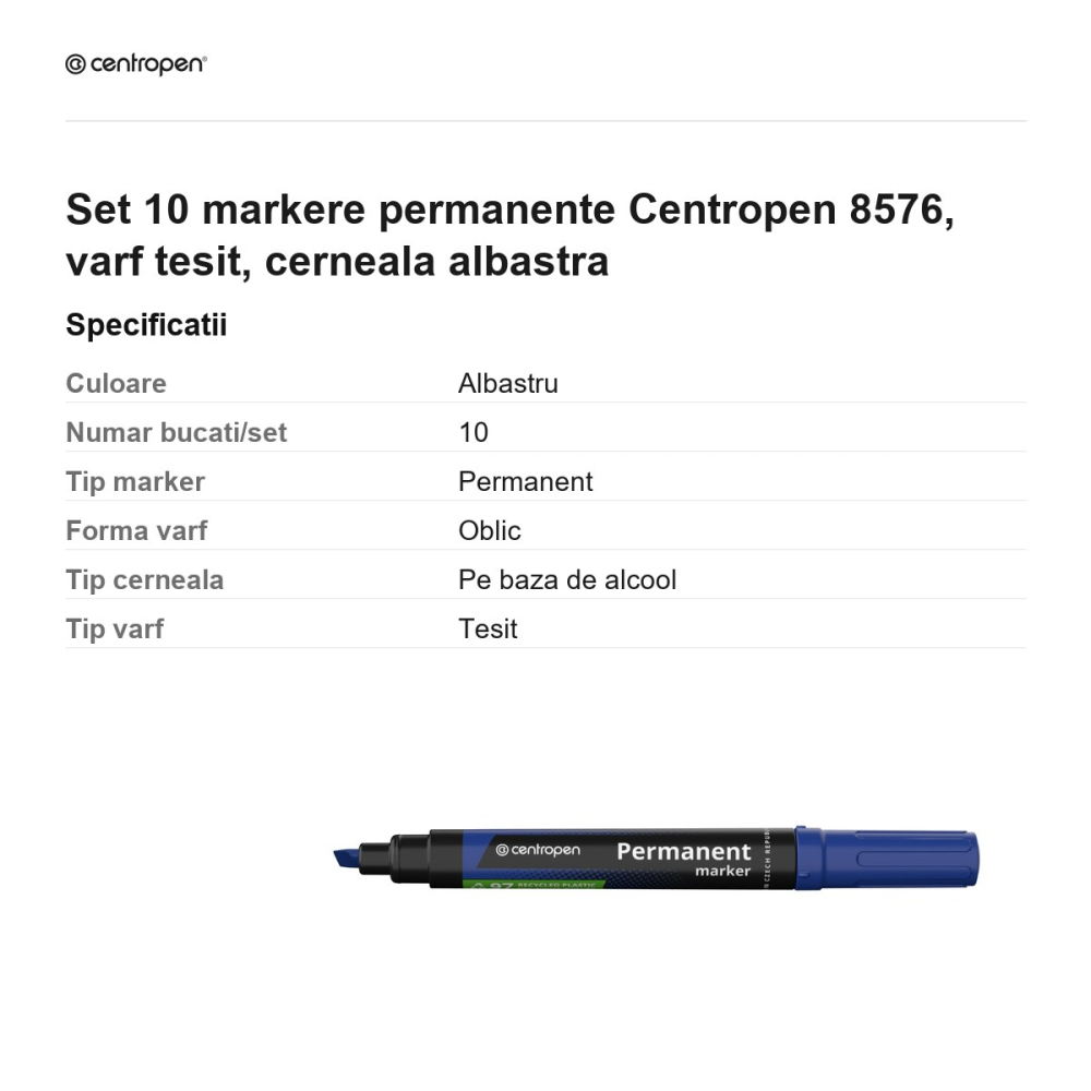 Set 10 markere permanente Centropen 8576, varf tesit, cerneala albastra [3]