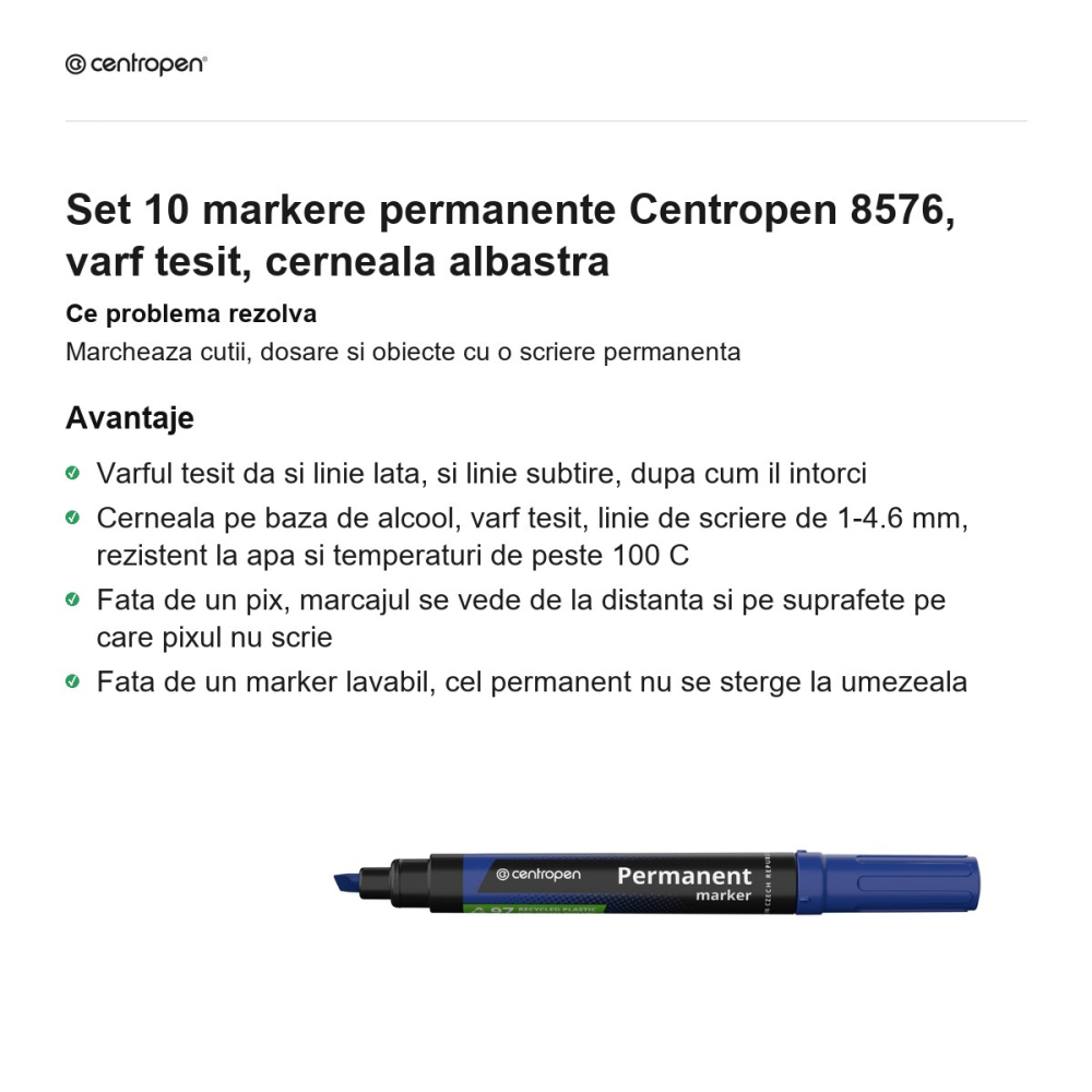Set 10 markere permanente Centropen 8576, varf tesit, cerneala albastra [2]