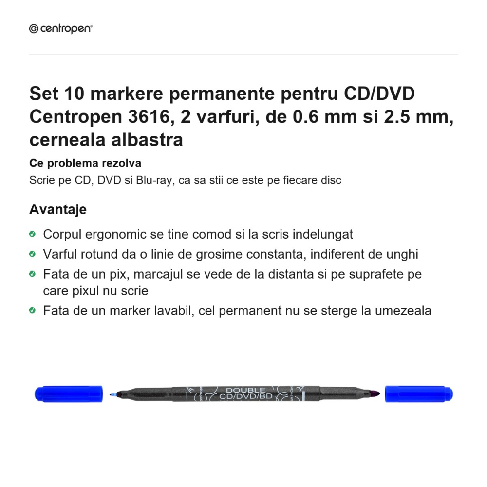 Set 10 markere permanente pentru CD/DVD Centropen 3616, 2 varfuri, de 0.6 mm si 2.5 mm, cerneala albastra [2]