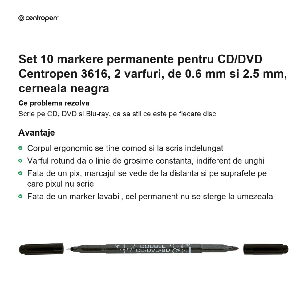 Set 10 markere permanente pentru CD/DVD Centropen 3616, 2 varfuri, de 0.6 mm si 2.5 mm, cerneala neagra [2]