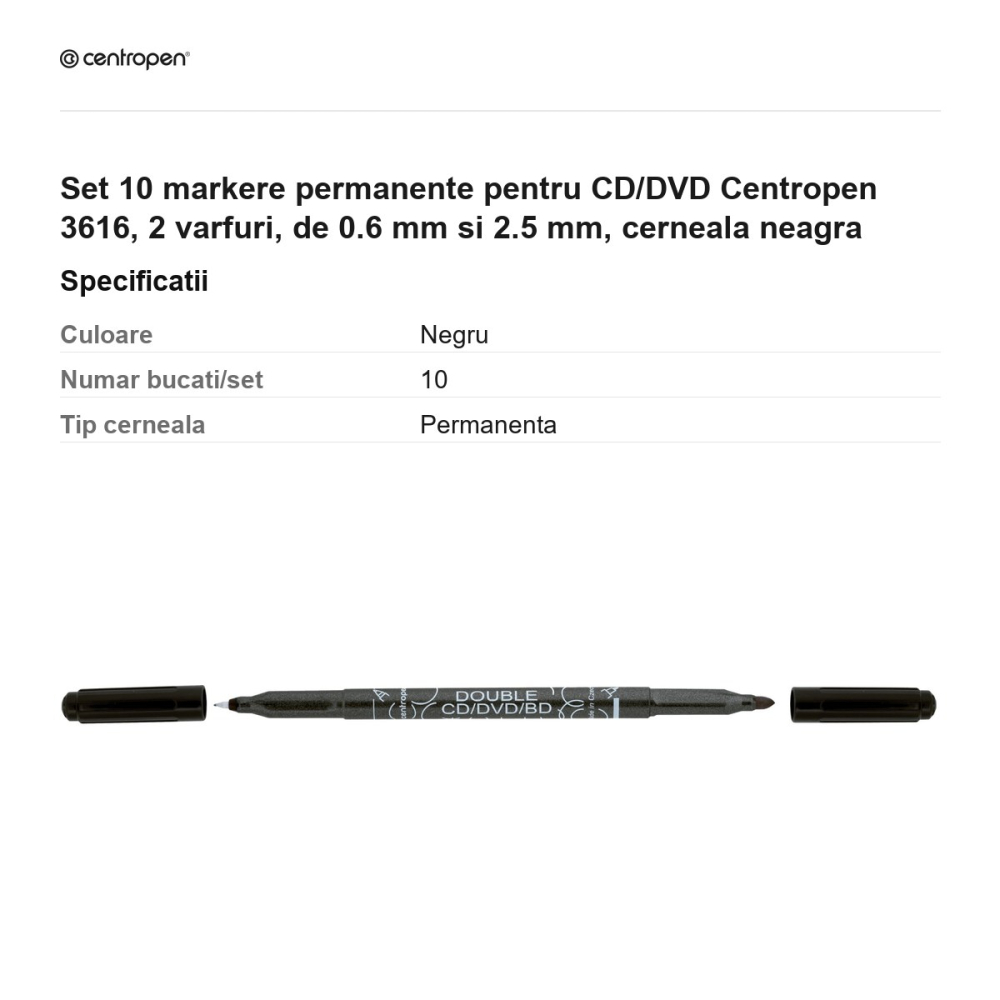 Set 10 markere permanente pentru CD/DVD Centropen 3616, 2 varfuri, de 0.6 mm si 2.5 mm, cerneala neagra [3]