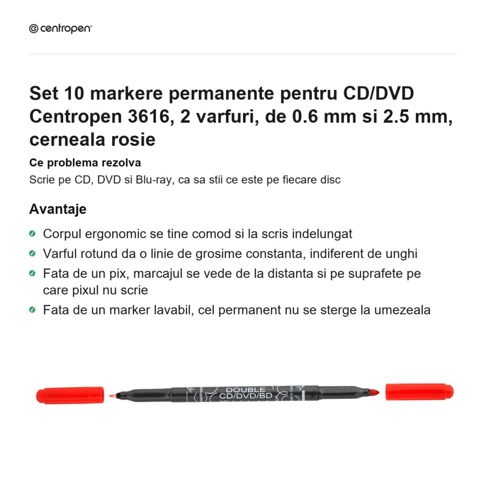 Set 10 markere permanente pentru CD/DVD Centropen 3616, 2 varfuri, de 0.6 mm si 2.5 mm, cerneala rosie [2]