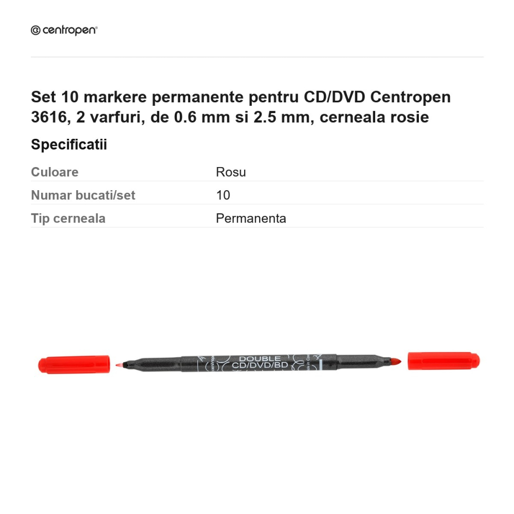 Set 10 markere permanente pentru CD/DVD Centropen 3616, 2 varfuri, de 0.6 mm si 2.5 mm, cerneala rosie [3]