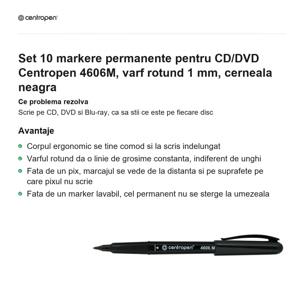 Set 10 markere permanente pentru CD/DVD Centropen 4606M, varf rotund 1 mm, cerneala neagra [2]
