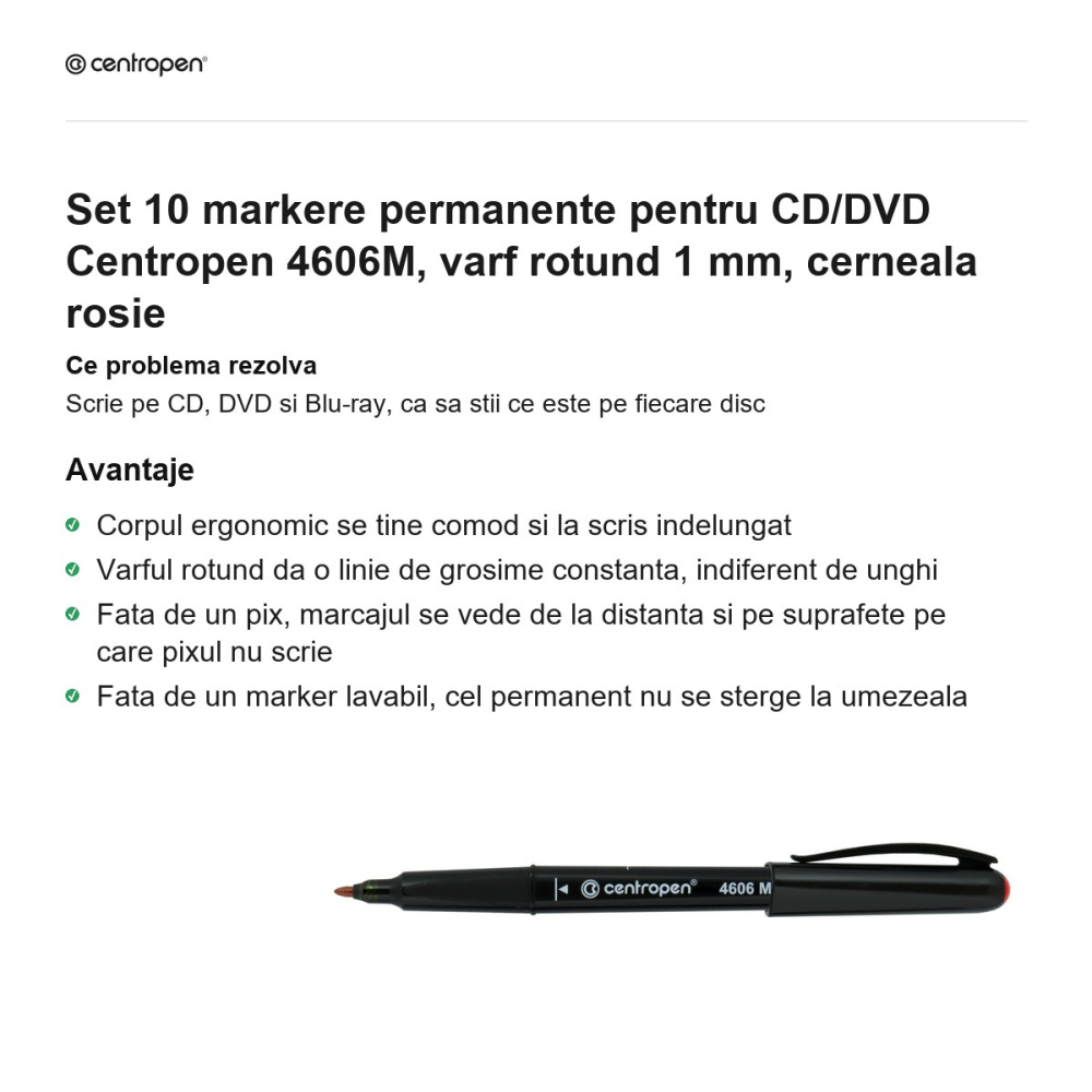 Set 10 markere permanente pentru CD/DVD Centropen 4606M, varf rotund 1 mm, cerneala rosie [2]