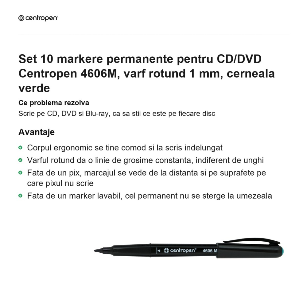 Set 10 markere permanente pentru CD/DVD Centropen 4606M, varf rotund 1 mm, cerneala verde [2]
