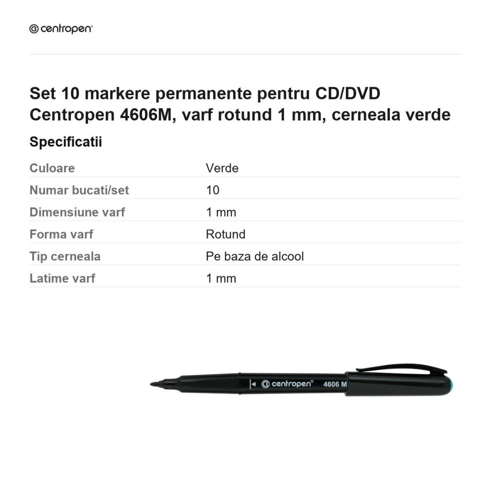Set 10 markere permanente pentru CD/DVD Centropen 4606M, varf rotund 1 mm, cerneala verde [3]
