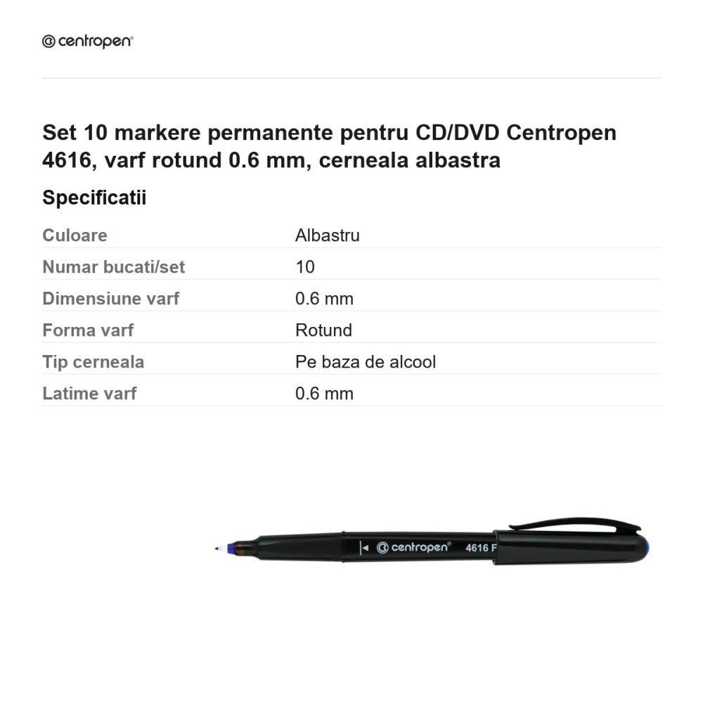 Set 10 markere permanente pentru CD/DVD Centropen 4616, varf rotund 0.6 mm, cerneala albastra [3]