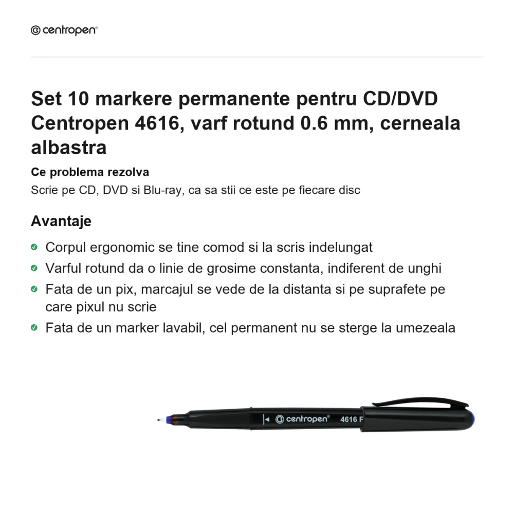 Set 10 markere permanente pentru CD/DVD Centropen 4616, varf rotund 0.6 mm, cerneala albastra [2]