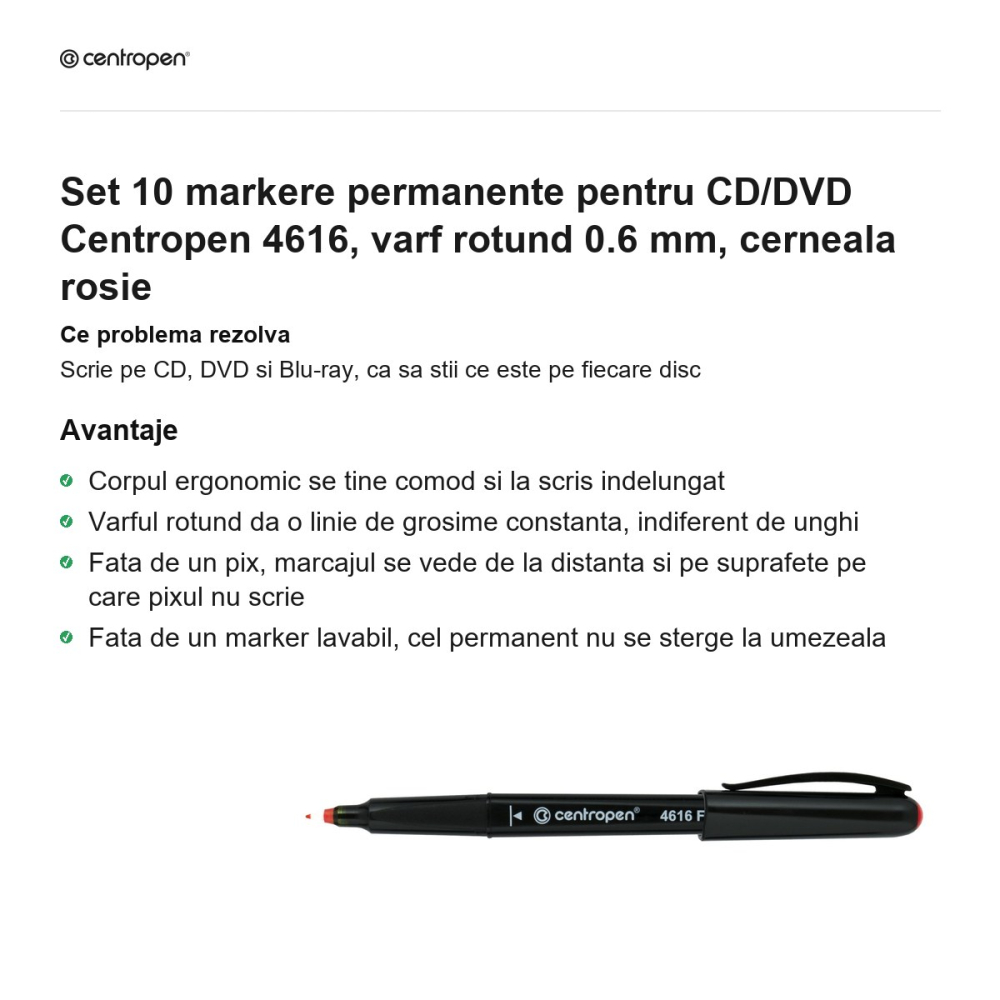 Set 10 markere permanente pentru CD/DVD Centropen 4616, varf rotund 0.6 mm, cerneala rosie [2]