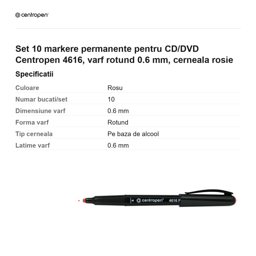 Set 10 markere permanente pentru CD/DVD Centropen 4616, varf rotund 0.6 mm, cerneala rosie [3]