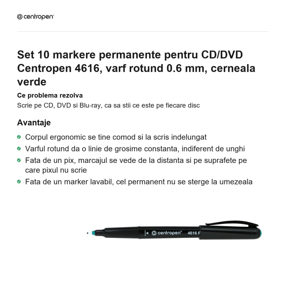 Set 10 markere permanente pentru CD/DVD Centropen 4616, varf rotund 0.6 mm, cerneala verde [2]