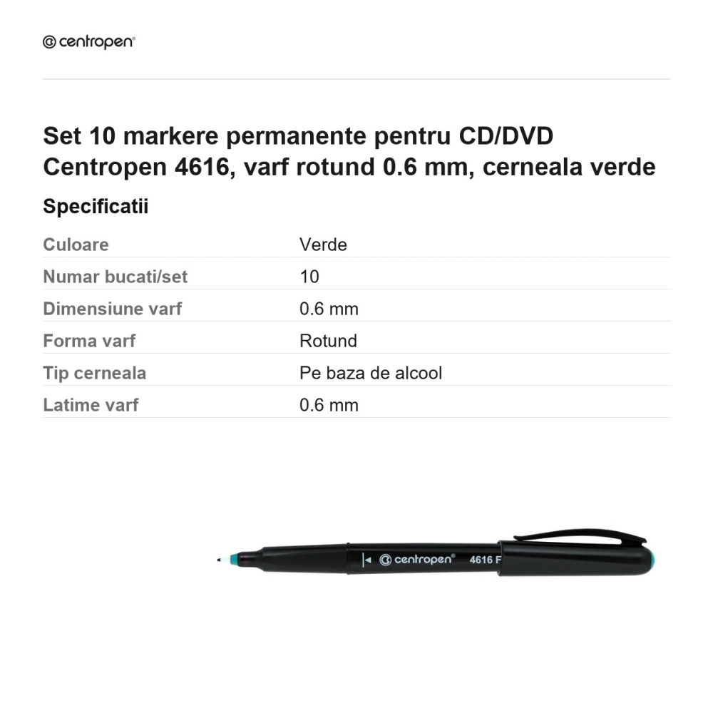 Set 10 markere permanente pentru CD/DVD Centropen 4616, varf rotund 0.6 mm, cerneala verde [3]