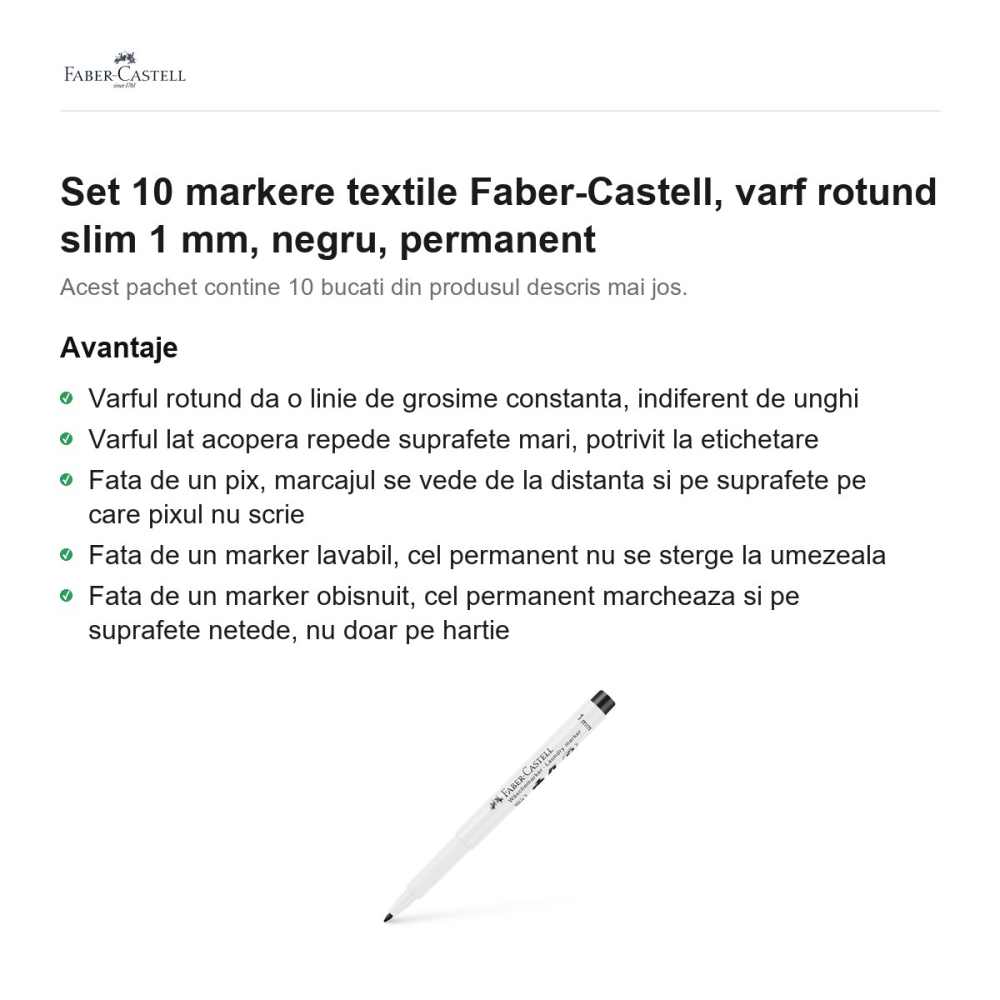 Set 10 markere textile Faber-Castell, varf rotund slim 1 mm, negru, permanent [2]