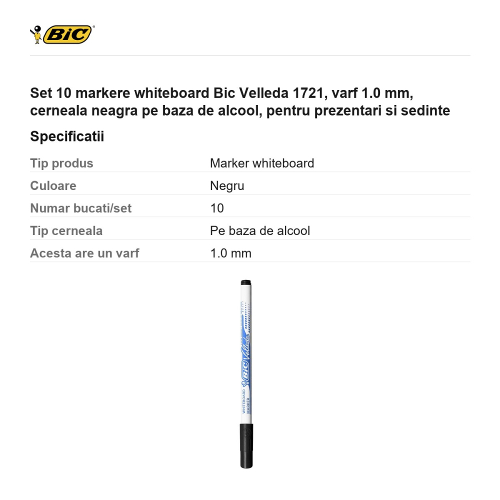 Set 10 markere whiteboard Bic Velleda 1721, varf 1.0 mm, cerneala neagra pe baza de alcool, pentru prezentari si sedinte [3]