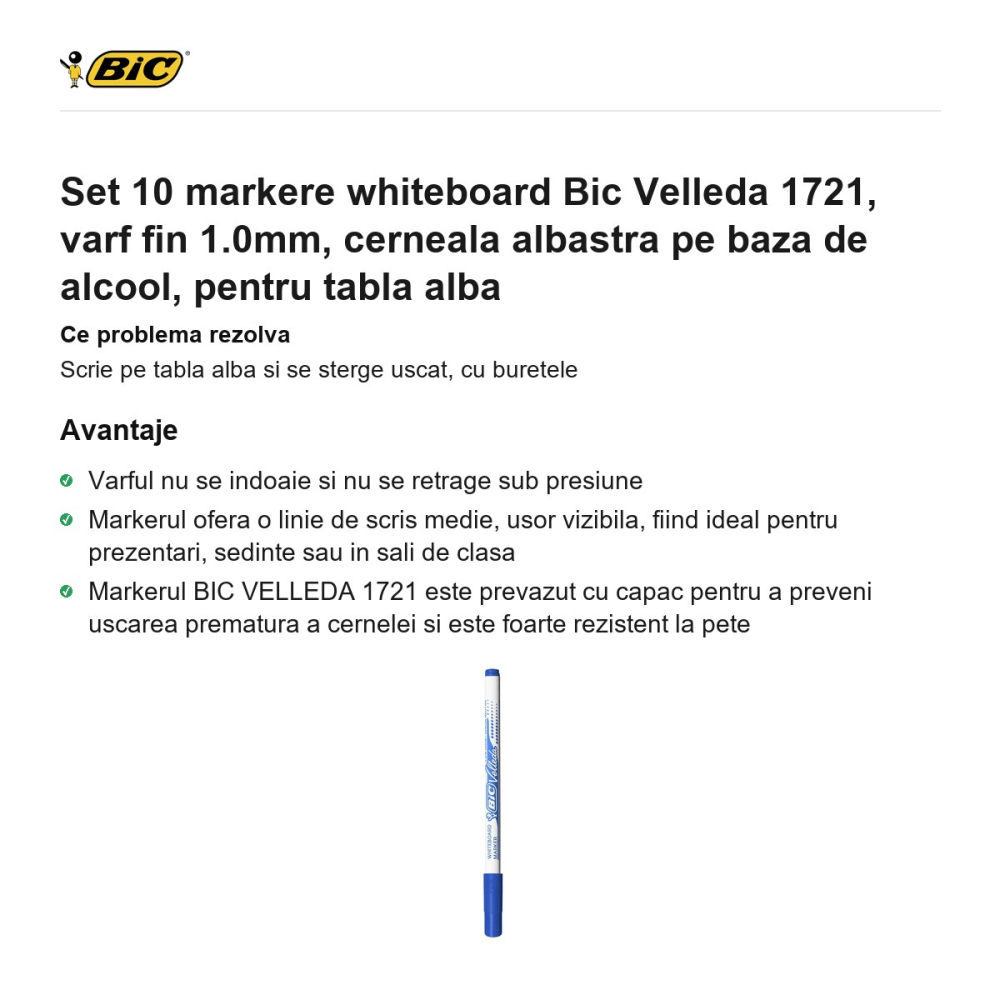 Set 10 markere whiteboard Bic Velleda 1721, varf fin 1.0mm, cerneala albastra pe baza de alcool, pentru tabla alba [2]