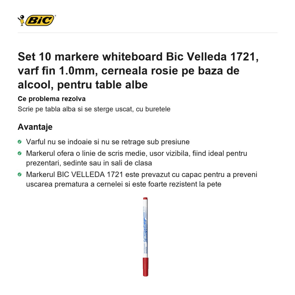 Set 10 markere whiteboard Bic Velleda 1721, varf fin 1.0mm, cerneala rosie pe baza de alcool, pentru table albe [2]
