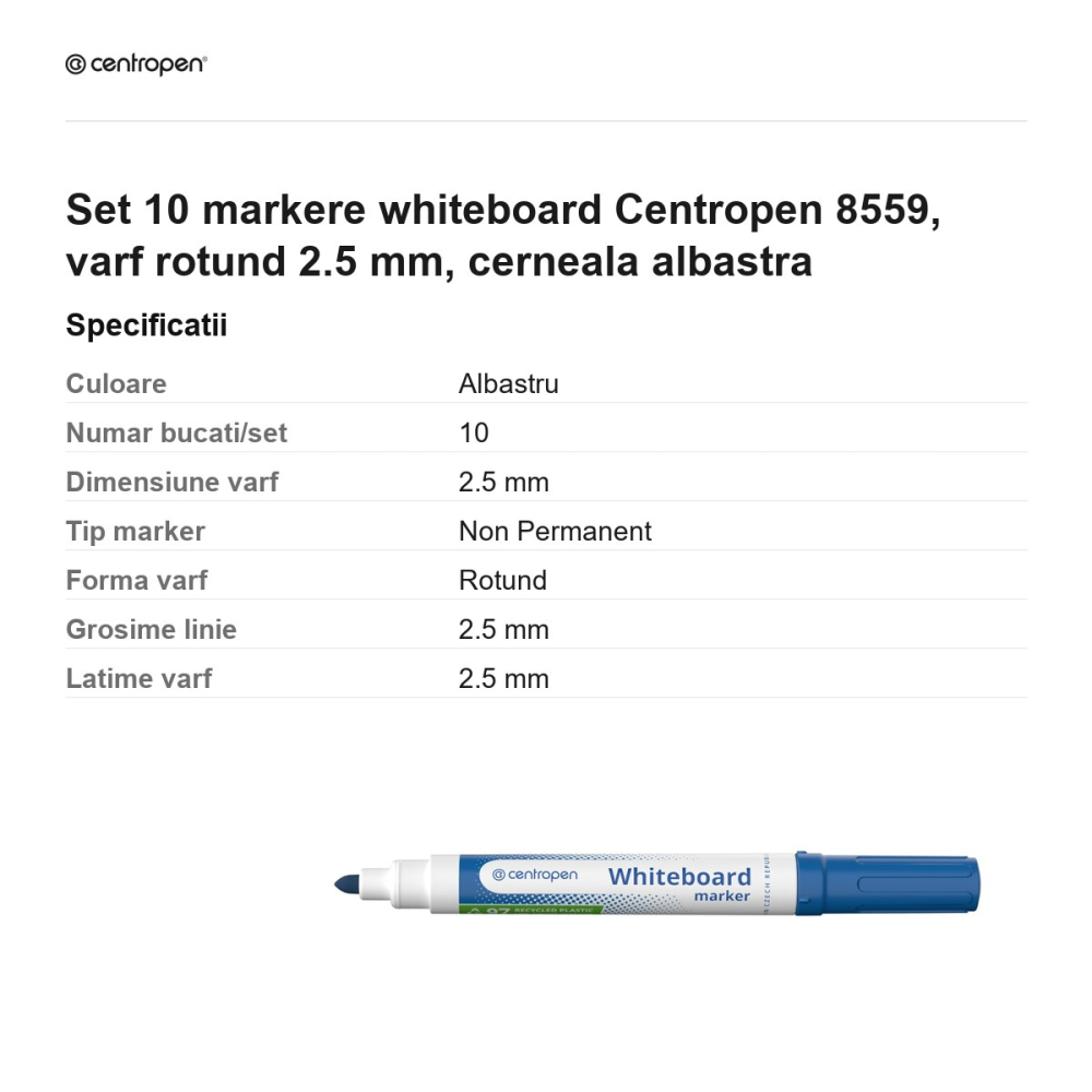 Set 10 markere whiteboard Centropen 8559, varf rotund 2.5 mm, cerneala albastra [3]