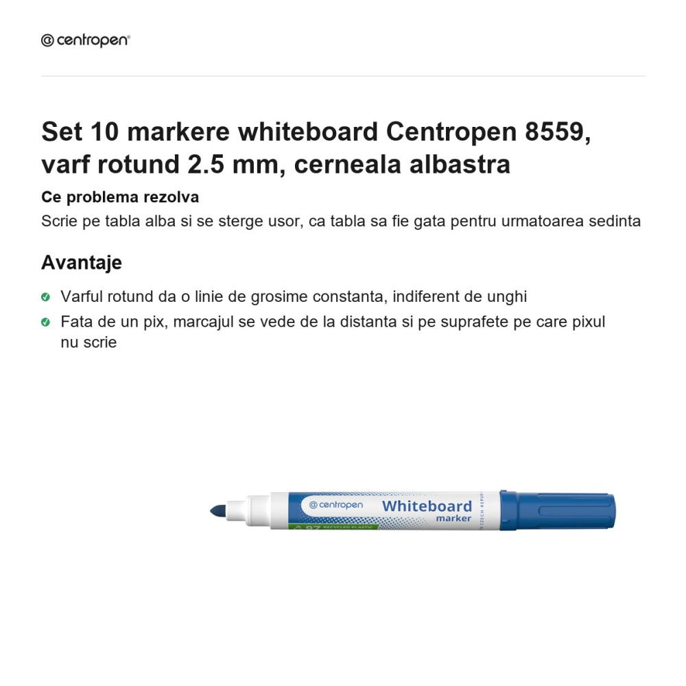 Set 10 markere whiteboard Centropen 8559, varf rotund 2.5 mm, cerneala albastra [2]
