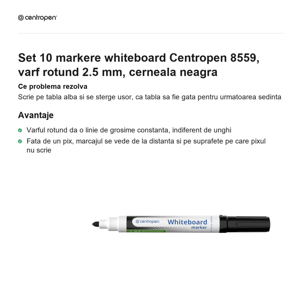 Set 10 markere whiteboard Centropen 8559, varf rotund 2.5 mm, cerneala neagra [2]