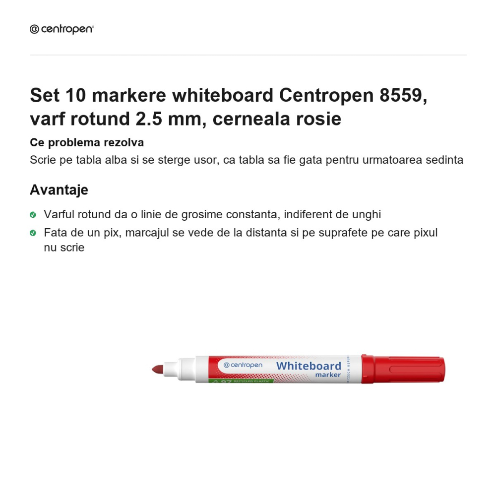 Set 10 markere whiteboard Centropen 8559, varf rotund 2.5 mm, cerneala rosie [2]