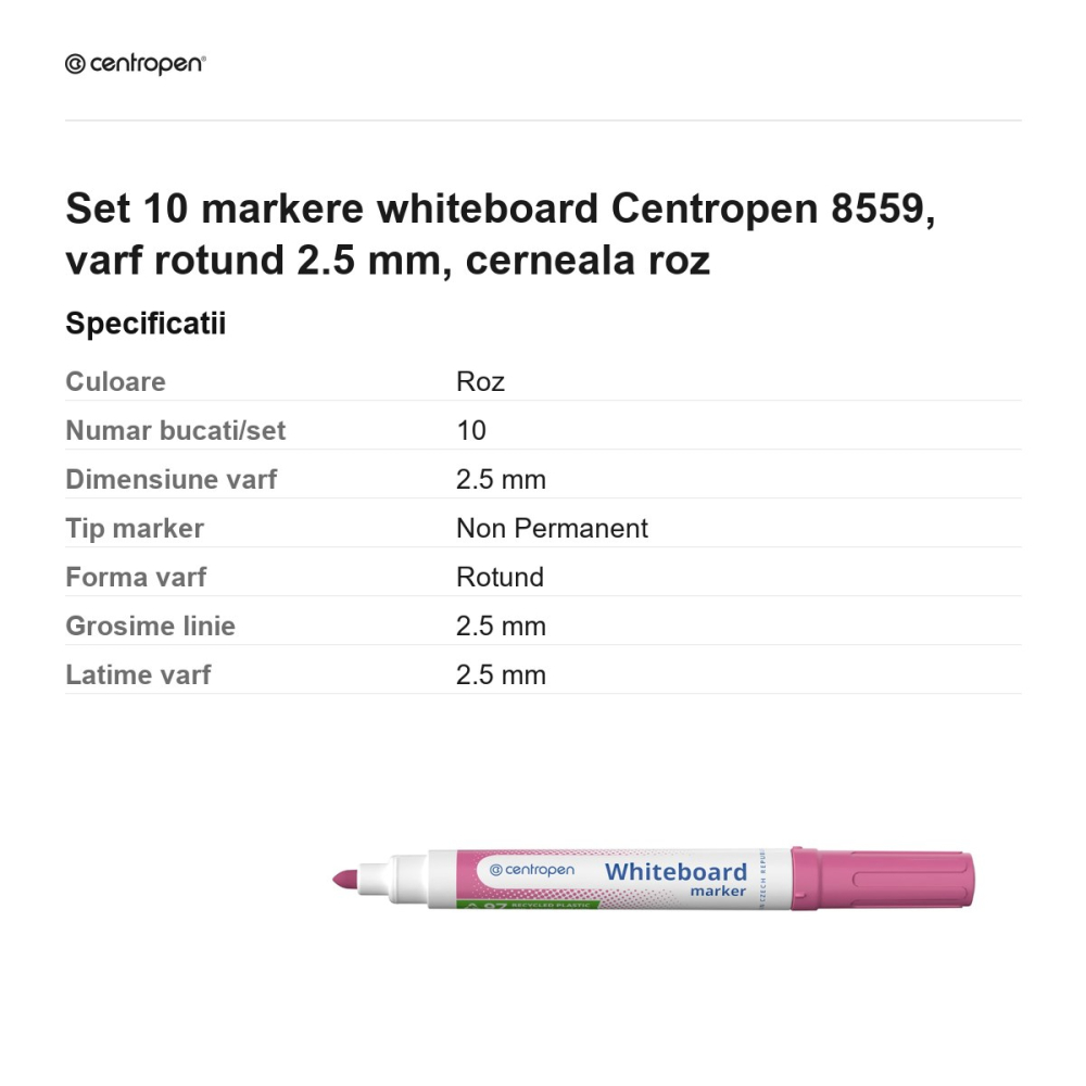 Set 10 markere whiteboard Centropen 8559, varf rotund 2.5 mm, cerneala roz [3]