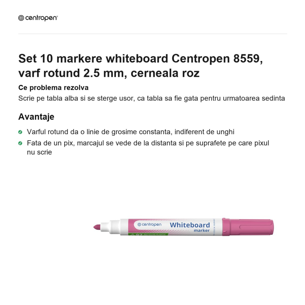 Set 10 markere whiteboard Centropen 8559, varf rotund 2.5 mm, cerneala roz [2]