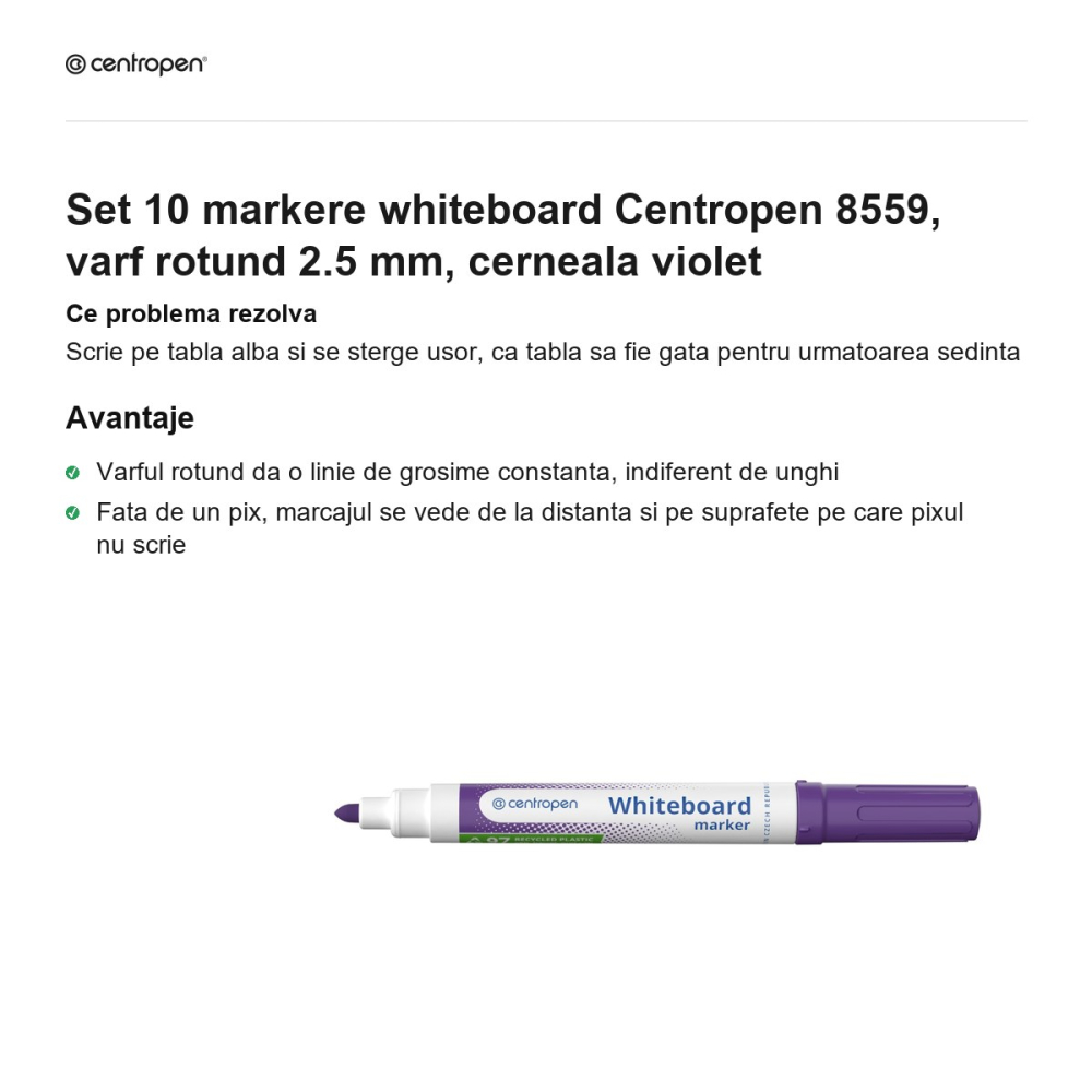 Set 10 markere whiteboard Centropen 8559, varf rotund 2.5 mm, cerneala violet [2]