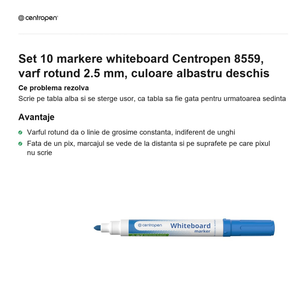 Set 10 markere whiteboard Centropen 8559, varf rotund 2.5 mm, culoare albastru deschis [2]