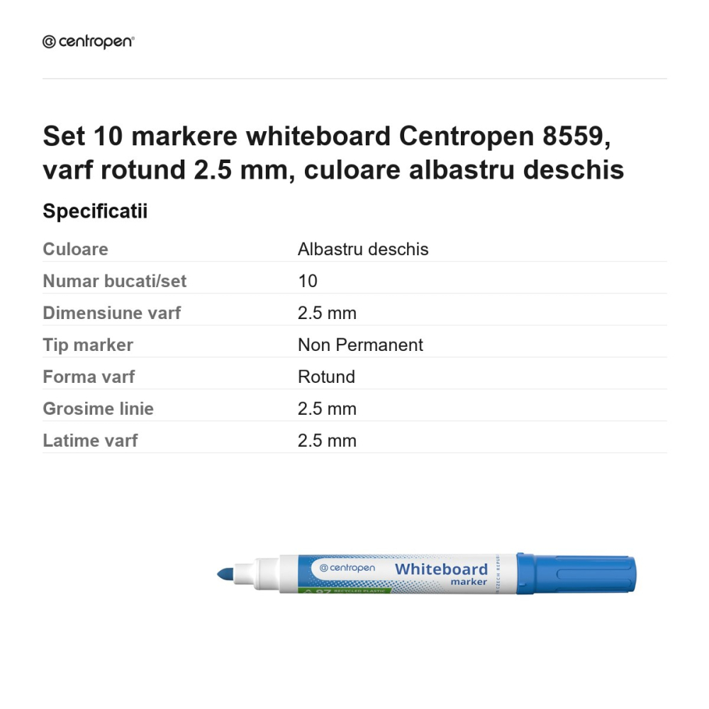 Set 10 markere whiteboard Centropen 8559, varf rotund 2.5 mm, culoare albastru deschis [3]