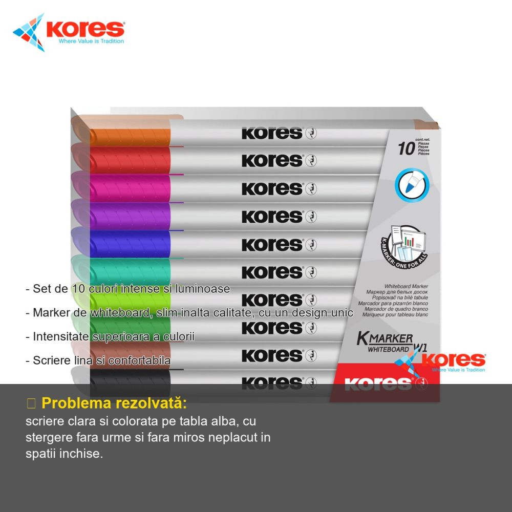 Set 10 markere whiteboard slim Kores, culori intense, scriere lina pentru table albe [2]
