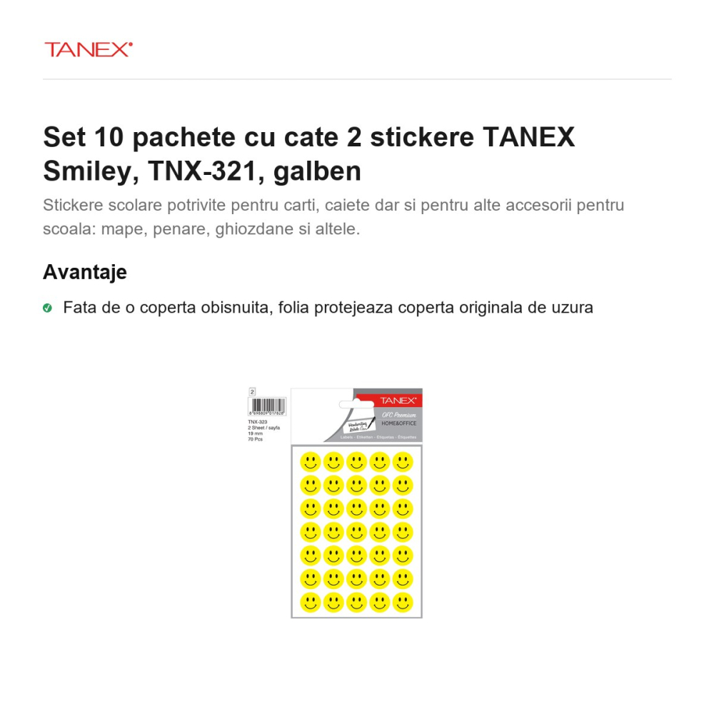Set 10 pachete cu cate 2 stickere TANEX Smiley, TNX-321, galben [2]