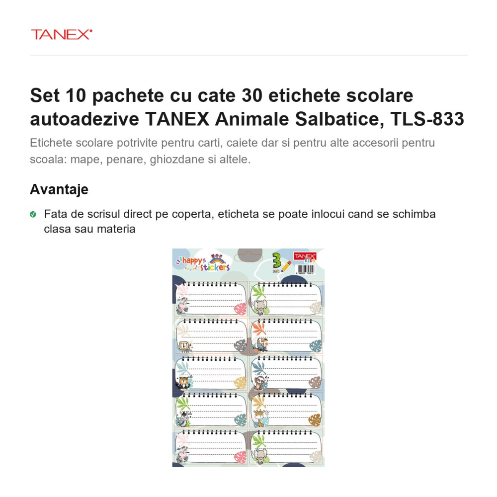 Set 10 pachete cu cate 30 etichete scolare autoadezive TANEX Animale Salbatice, TLS-833 [2]