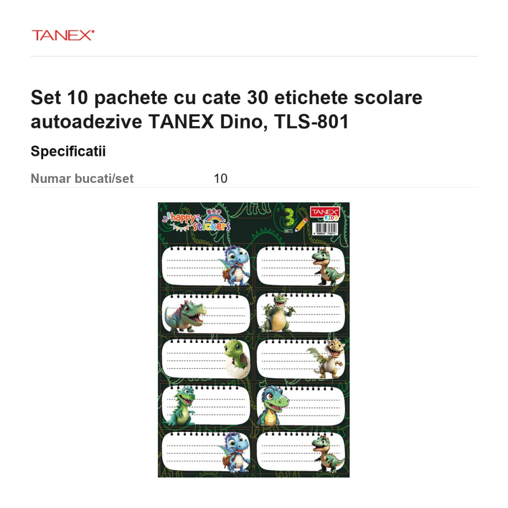 Set 10 pachete cu cate 30 etichete scolare autoadezive TANEX Dino, TLS-801 [3]