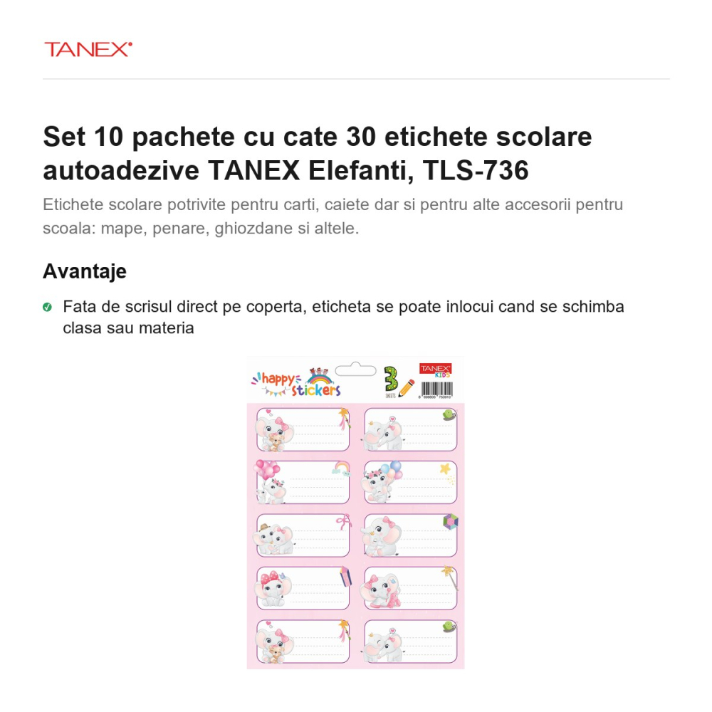Set 10 pachete cu cate 30 etichete scolare autoadezive TANEX Elefanti, TLS-736 [2]