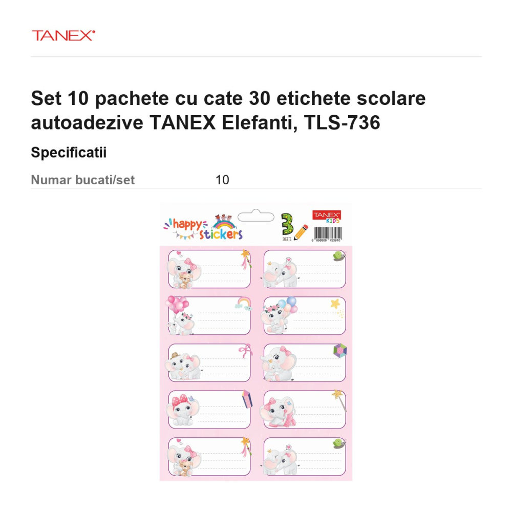 Set 10 pachete cu cate 30 etichete scolare autoadezive TANEX Elefanti, TLS-736 [3]