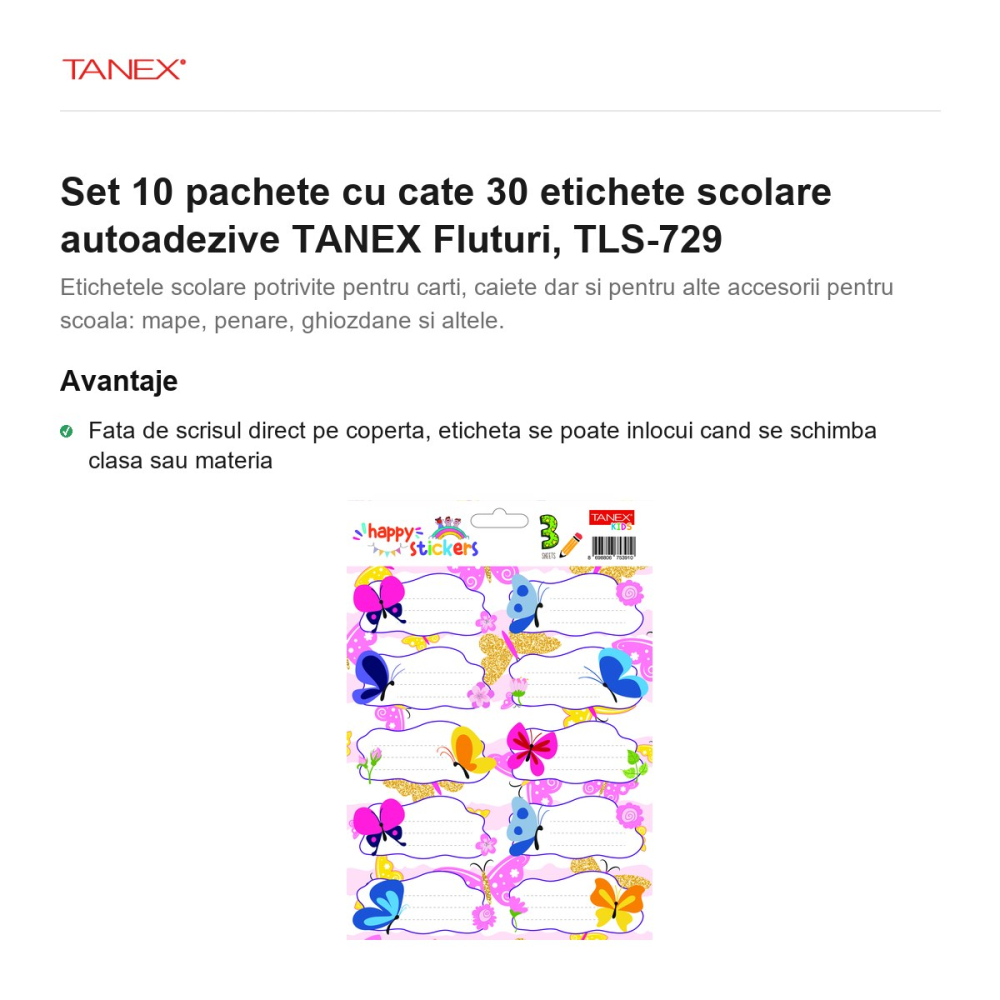 Set 10 pachete cu cate 30 etichete scolare autoadezive TANEX Fluturi, TLS-729 [2]