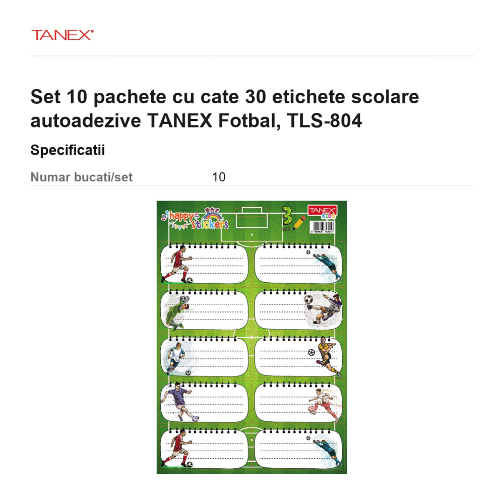 Set 10 pachete cu cate 30 etichete scolare autoadezive TANEX Fotbal, TLS-804 [3]