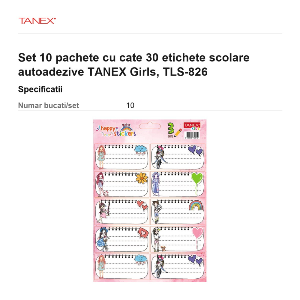 Set 10 pachete cu cate 30 etichete scolare autoadezive TANEX Girls, TLS-826 [3]