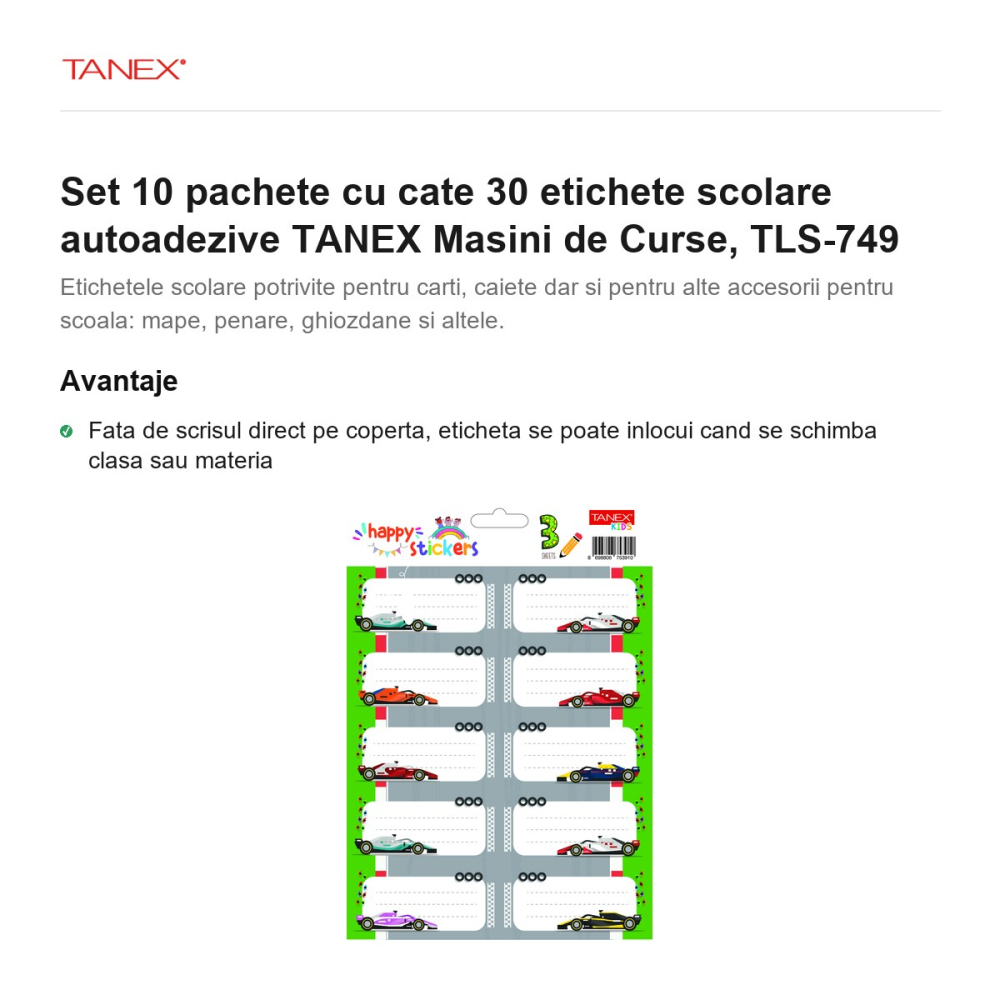 Set 10 pachete cu cate 30 etichete scolare autoadezive TANEX Masini de Curse, TLS-749 [2]