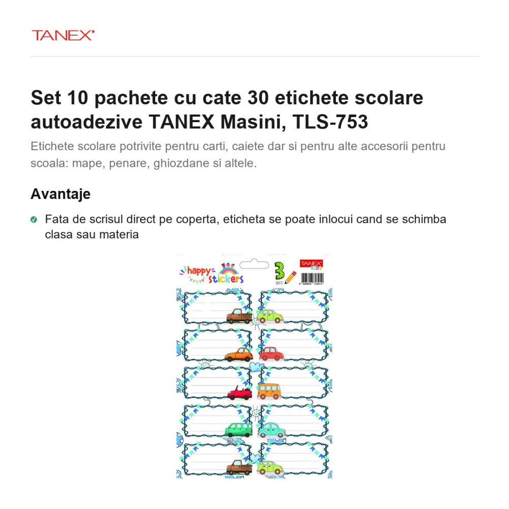 Set 10 pachete cu cate 30 etichete scolare autoadezive TANEX Masini, TLS-753 [2]