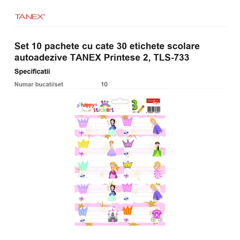 Set 10 pachete cu cate 30 etichete scolare autoadezive TANEX Printese 2, TLS-733 [3]