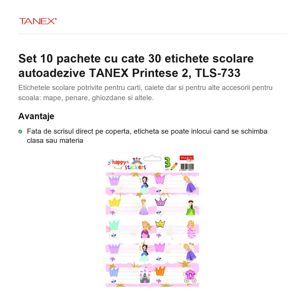 Set 10 pachete cu cate 30 etichete scolare autoadezive TANEX Printese 2, TLS-733 [2]