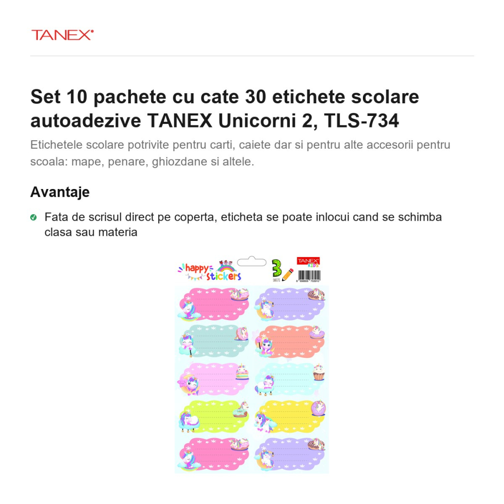 Set 10 pachete cu cate 30 etichete scolare autoadezive TANEX Unicorni 2, TLS-734 [2]