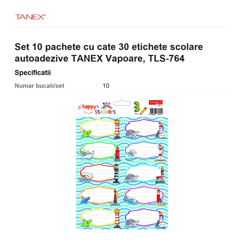 Set 10 pachete cu cate 30 etichete scolare autoadezive TANEX Vapoare, TLS-764 [3]